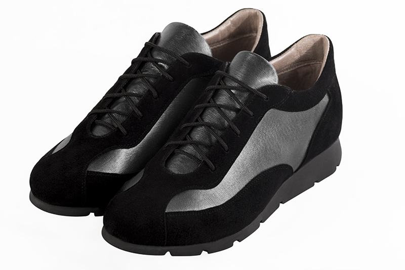 Matt black and dark silver women's open back shoes. Round toe. Flat rubber soles. Front view - Florence KOOIJMAN